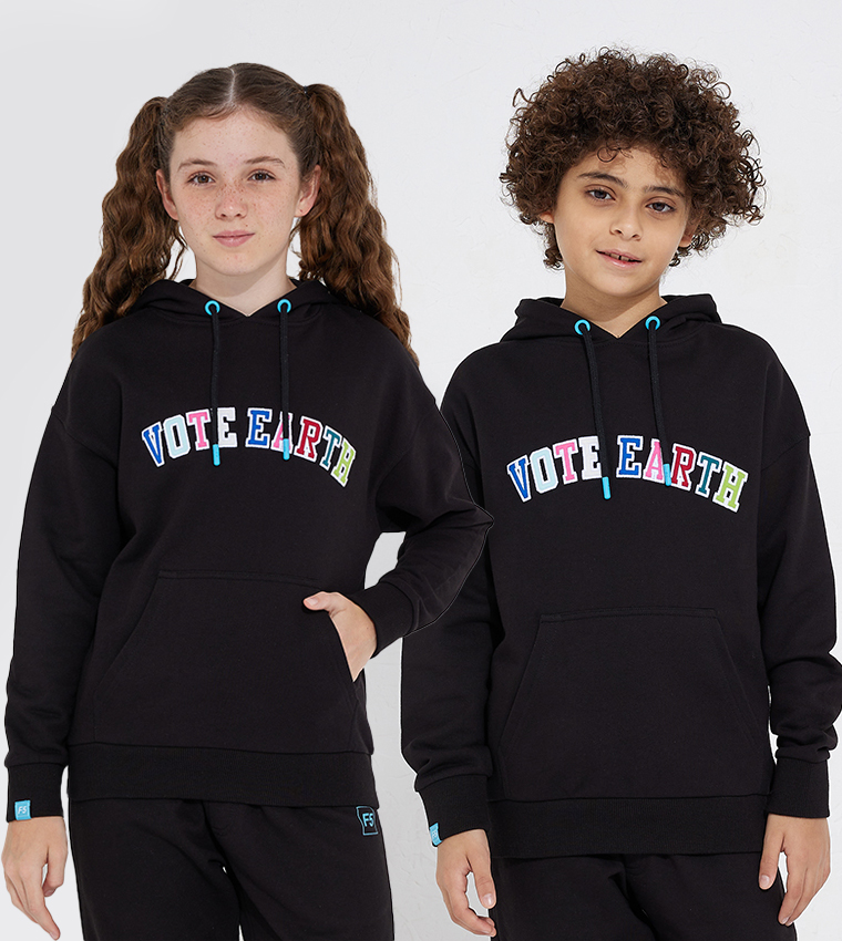 Vote Earth Embroidered Drop Shoulder Long Sleeve Hoodie