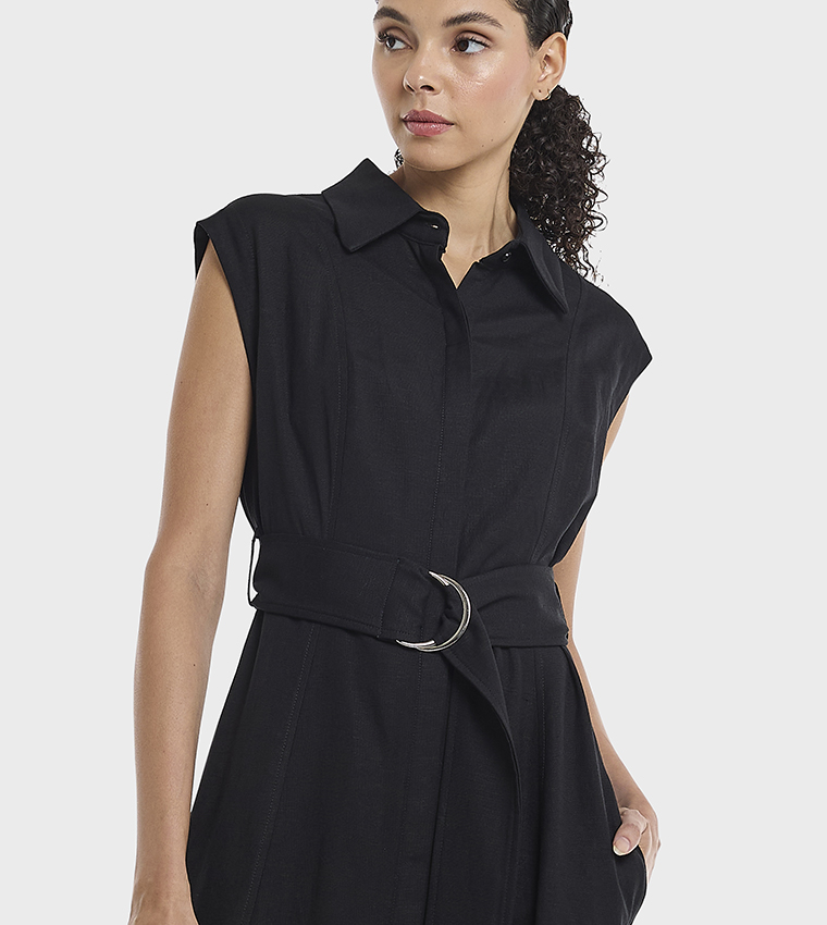 Belted Sleeveless Linen Shirt Dress