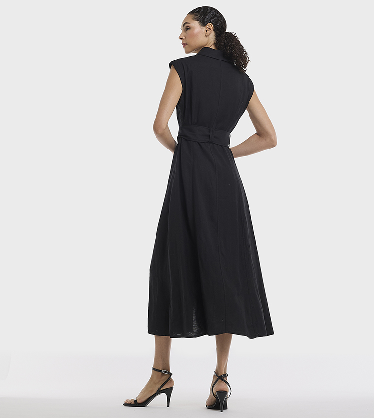 Belted Sleeveless Linen Shirt Dress