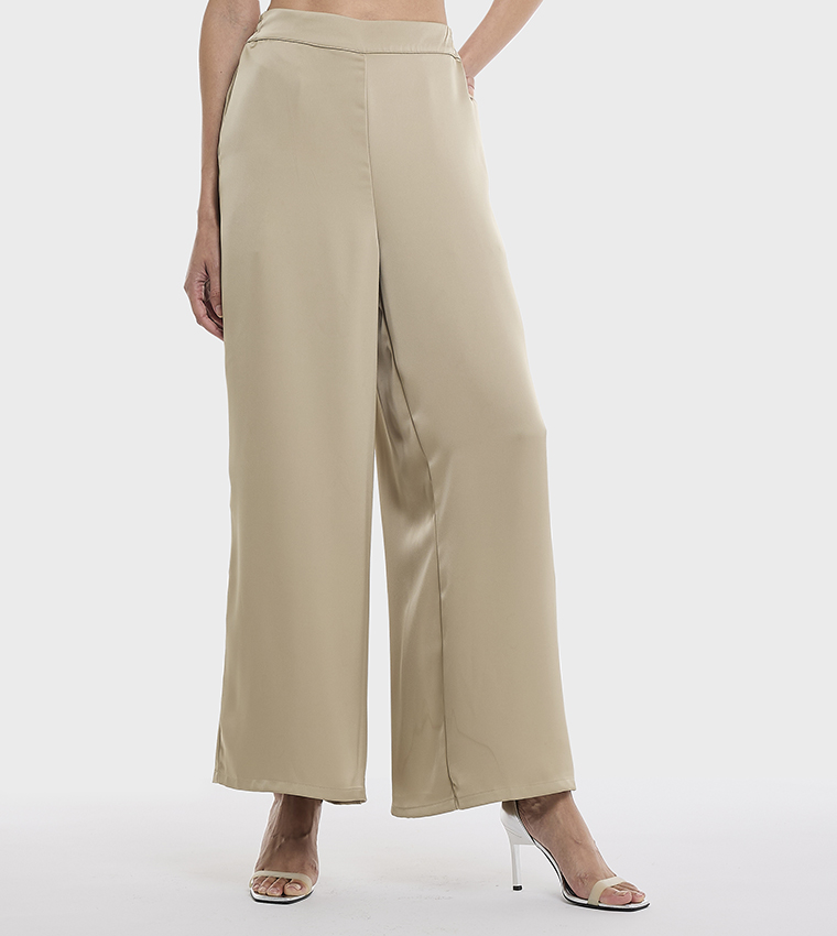 Solid High Waist Wide Leg Trousers