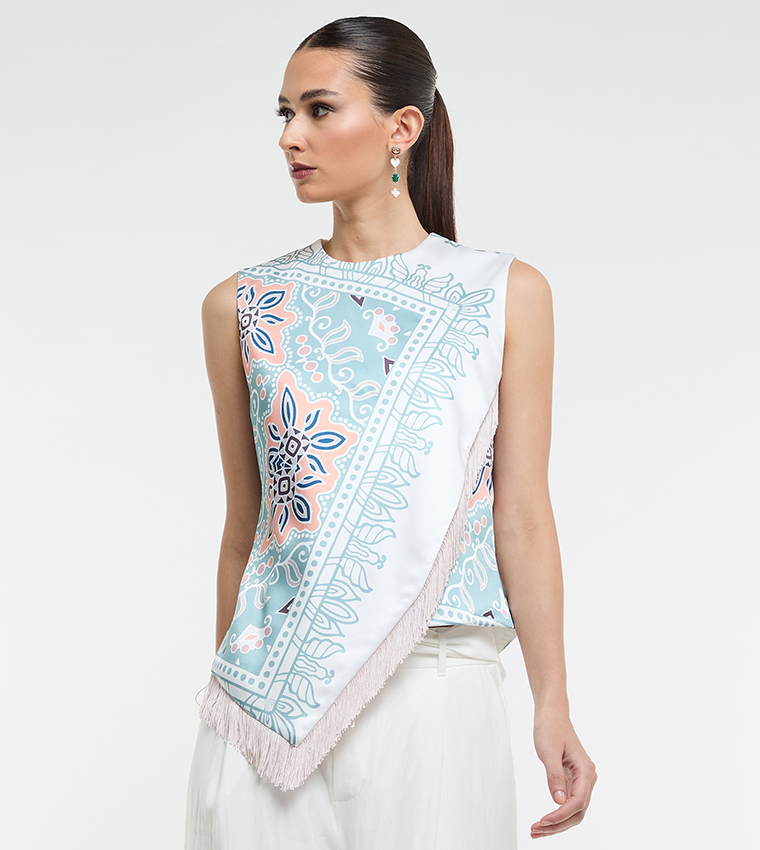 Ethnic Motif Print Fringe Hem Sleeveless Top