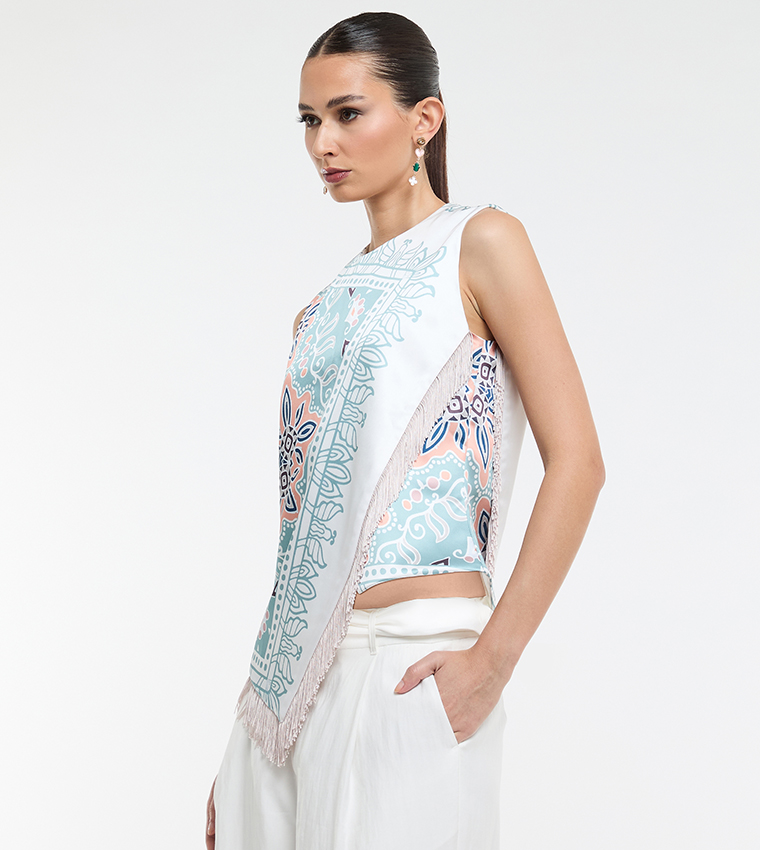 Ethnic Motif Print Fringe Hem Sleeveless Top