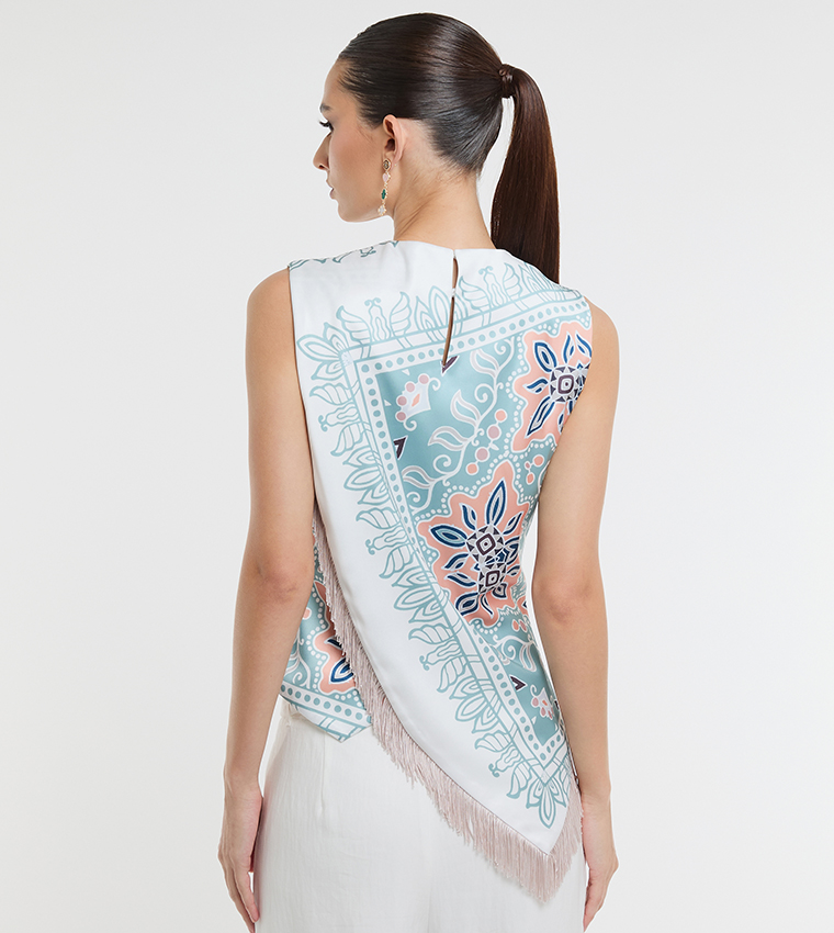 Ethnic Motif Print Fringe Hem Sleeveless Top
