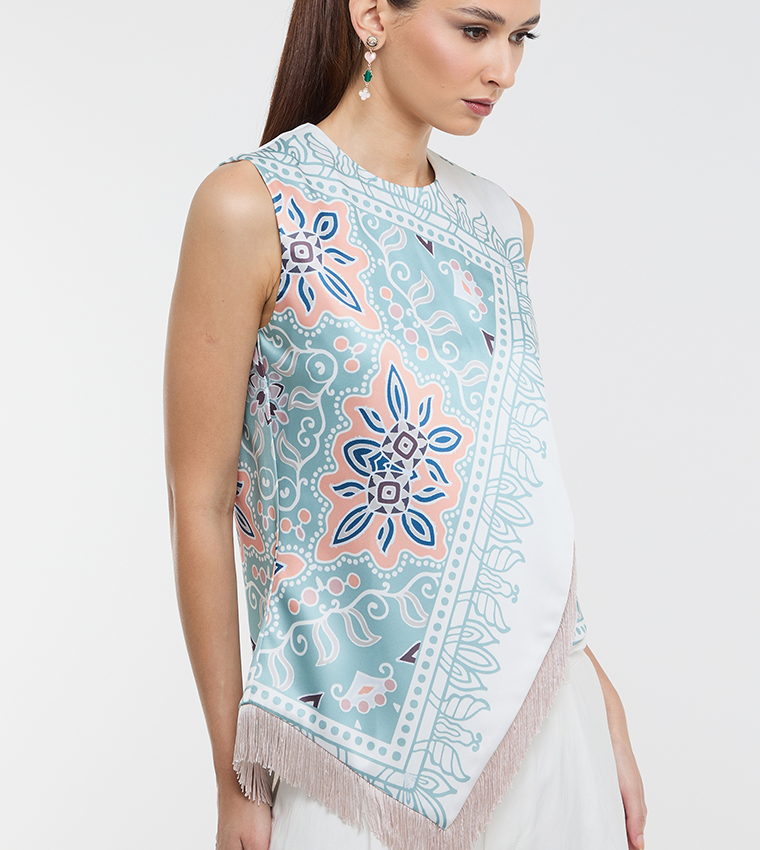 Ethnic Motif Print Fringe Hem Sleeveless Top