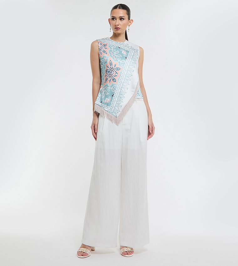Ethnic Motif Print Fringe Hem Sleeveless Top