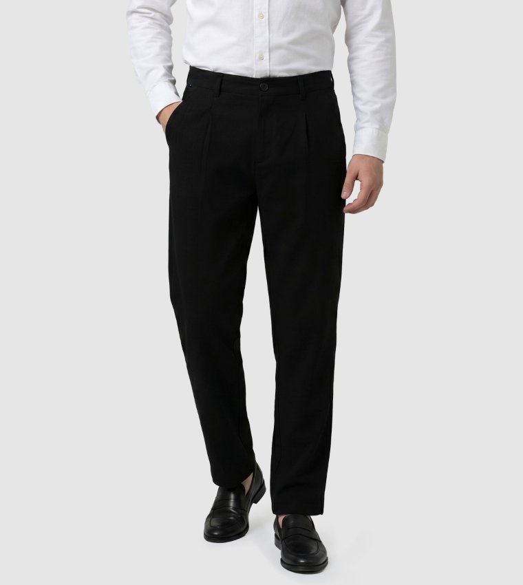 Solid Button Closure Straight Fit Linen Pants