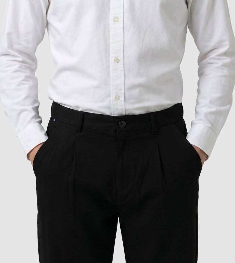 Solid Button Closure Straight Fit Linen Pants