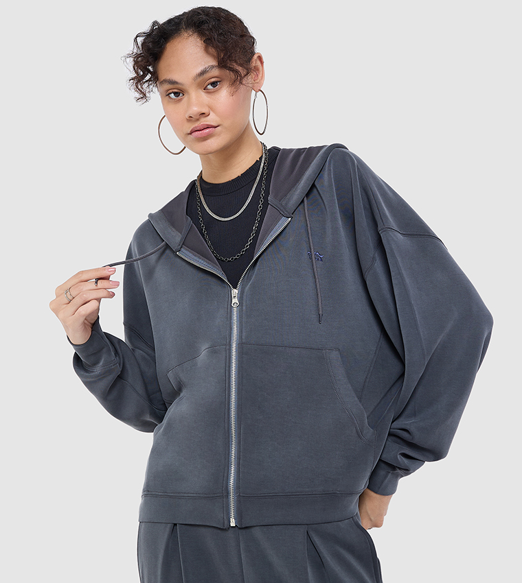 Logo Embroidered Zip Up Oversized Hoodie