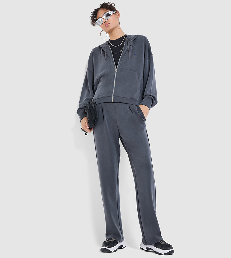 Logo Embroidered Zip Up Oversized Hoodie