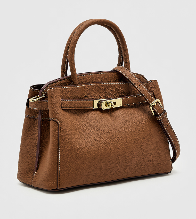 Textured Twist Lock Satchel Bag, Medium