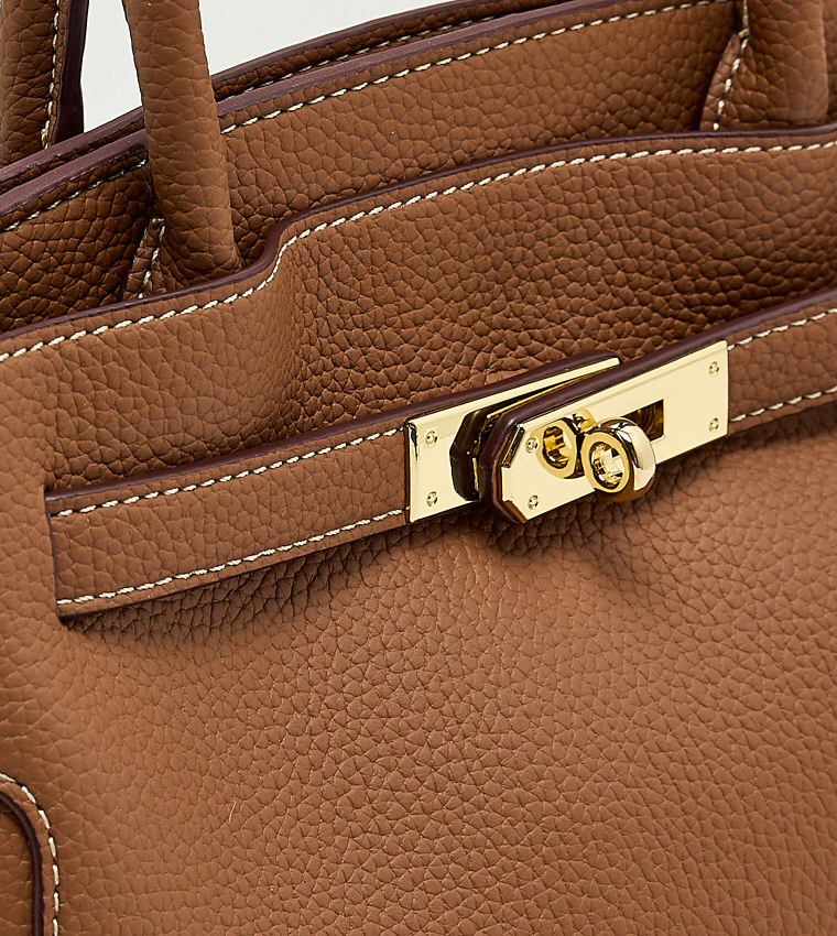 Textured Twist Lock Satchel Bag, Medium