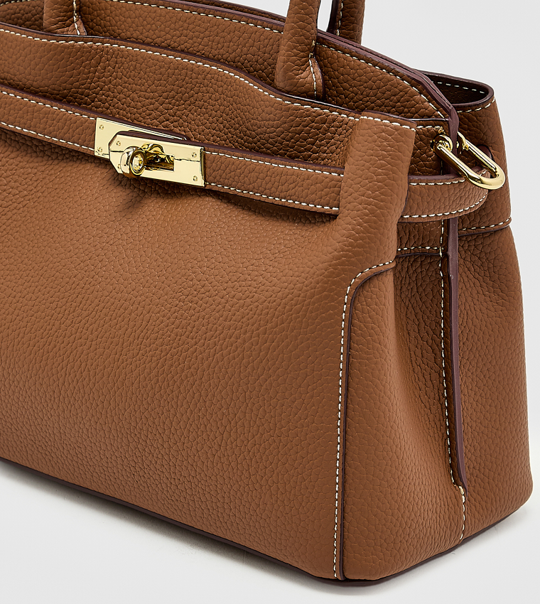 Textured Twist Lock Satchel Bag, Medium