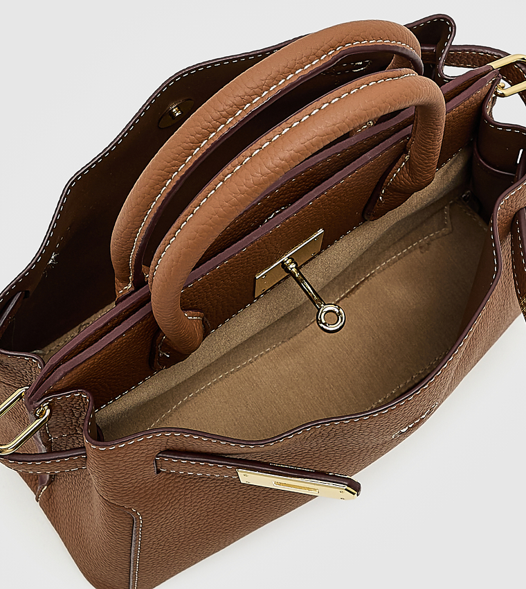 Textured Twist Lock Satchel Bag, Medium