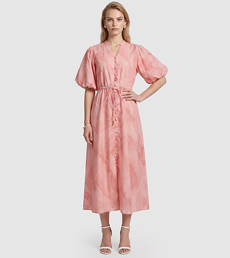 Marble Patterned Puff Sleeves Midi Dress