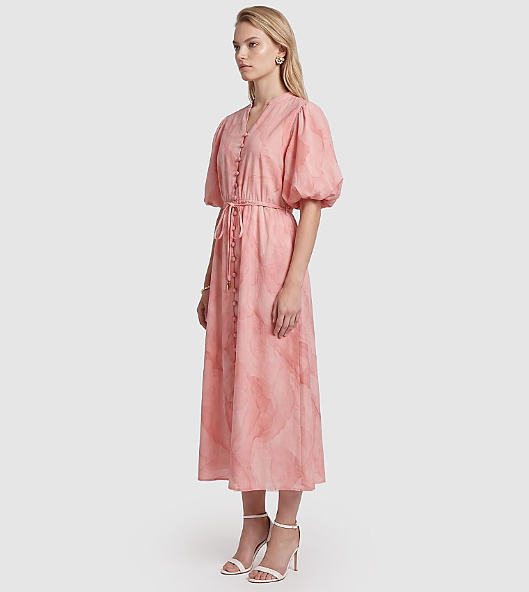 Marble Patterned Puff Sleeves Midi Dress