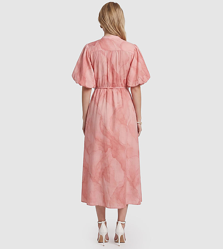 Marble Patterned Puff Sleeves Midi Dress