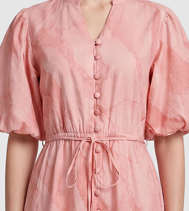 Marble Patterned Puff Sleeves Midi Dress