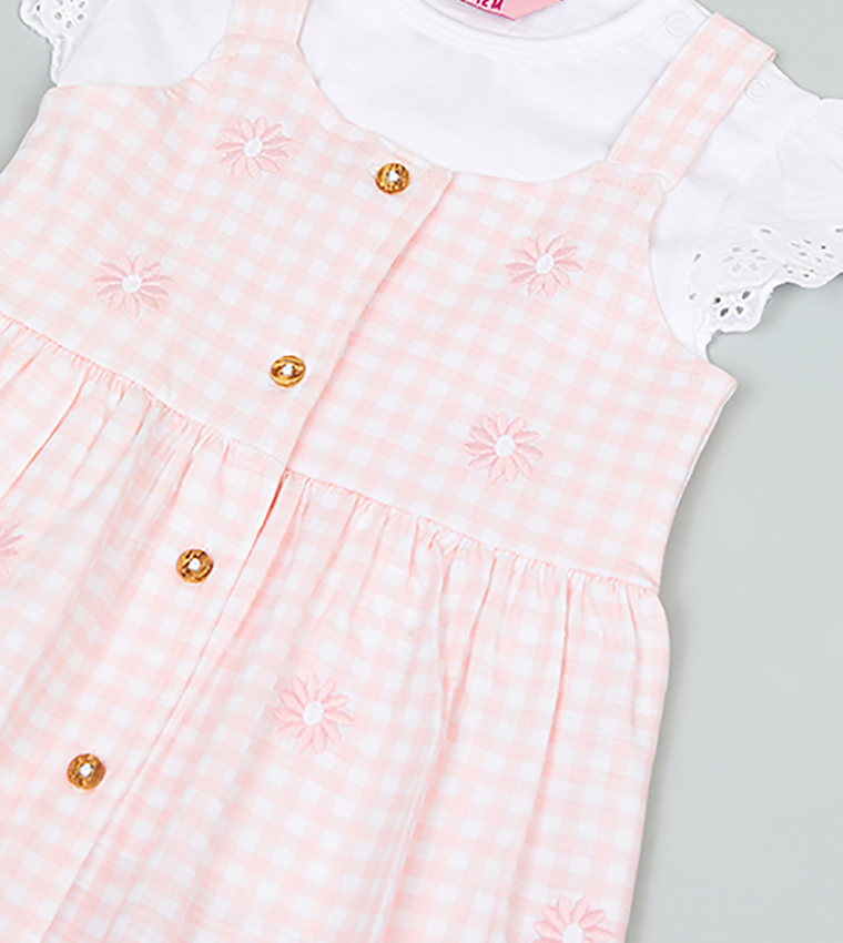Solid Top and Checked Pinafore Set
