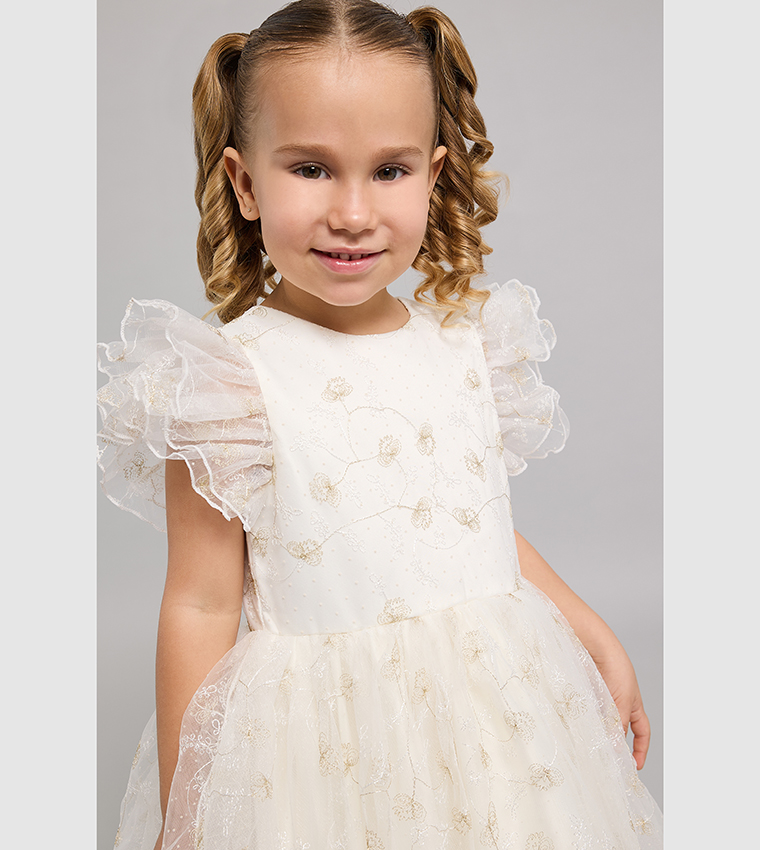 Embellished Fit & Flare Dress with Crew Neck and Flutter Sleeves