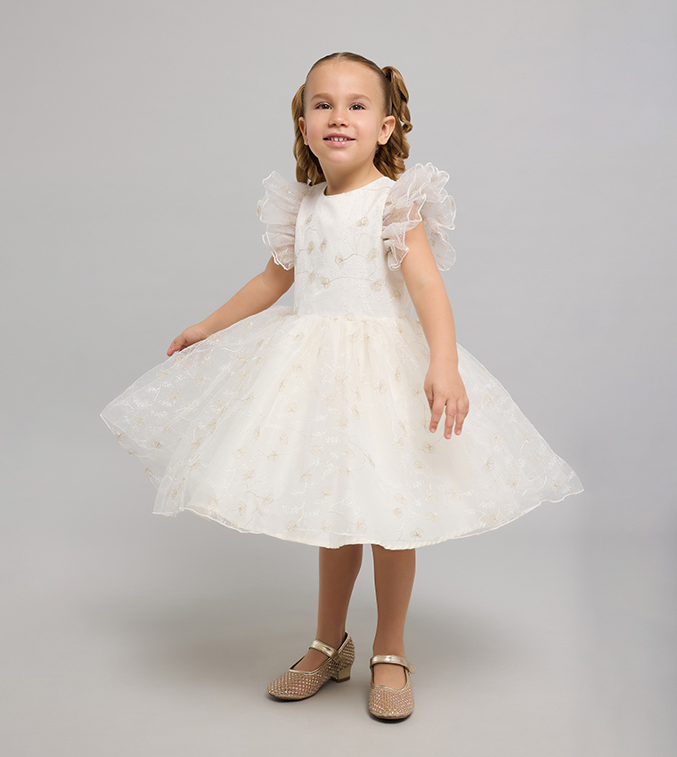 Embellished Fit & Flare Dress with Crew Neck and Flutter Sleeves