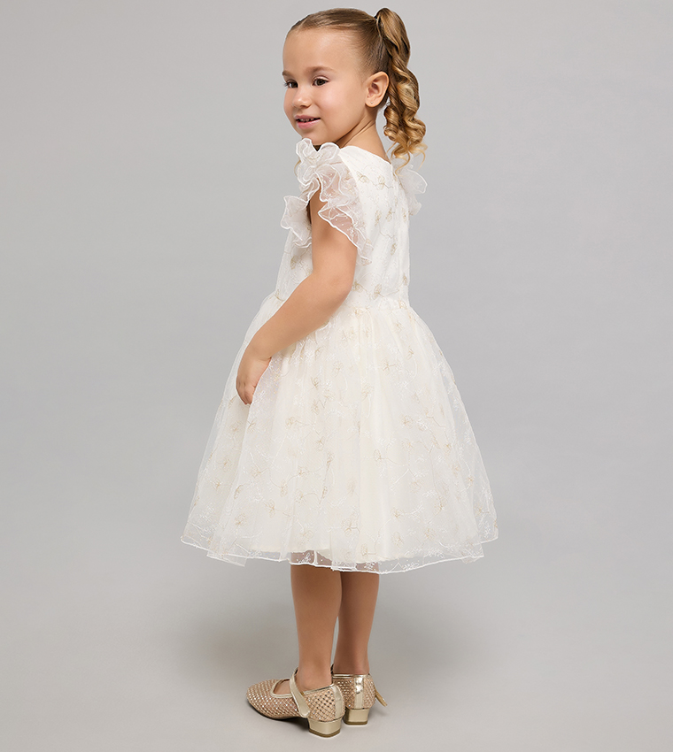 Embellished Fit & Flare Dress with Crew Neck and Flutter Sleeves