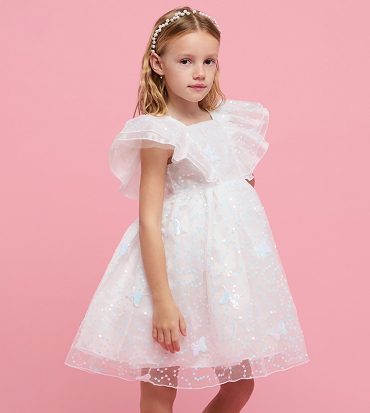 Sequined Fit & Flare Dress with Square Neck and Ruffle Sleeves