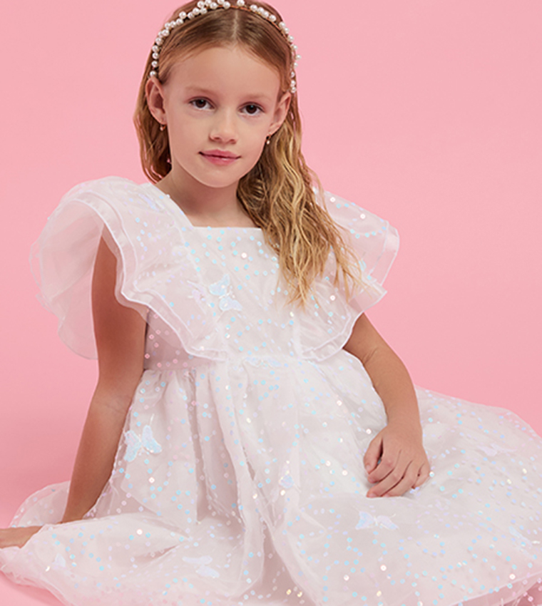 Sequined Fit & Flare Dress with Square Neck and Ruffle Sleeves