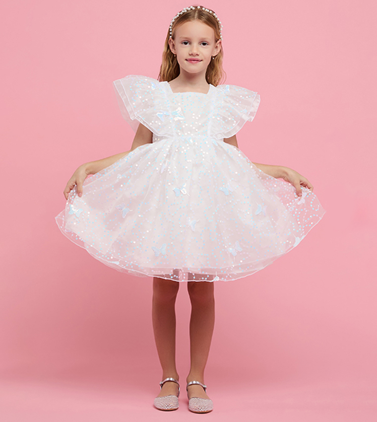 Sequined Fit & Flare Dress with Square Neck and Ruffle Sleeves