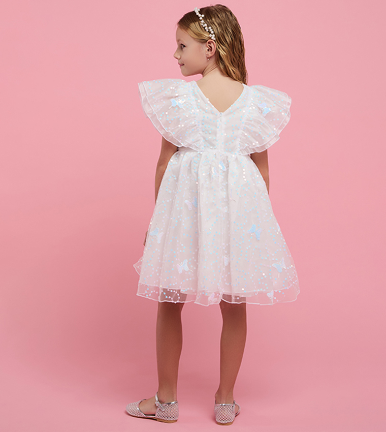 Sequined Fit & Flare Dress with Square Neck and Ruffle Sleeves