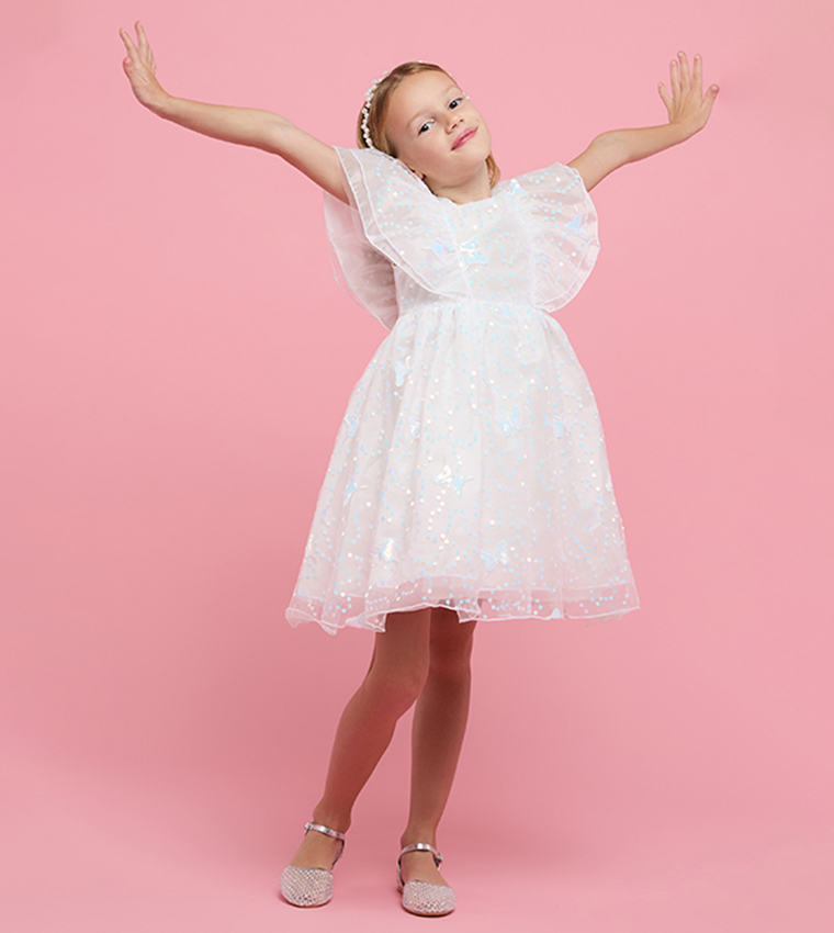 Sequined Fit & Flare Dress with Square Neck and Ruffle Sleeves