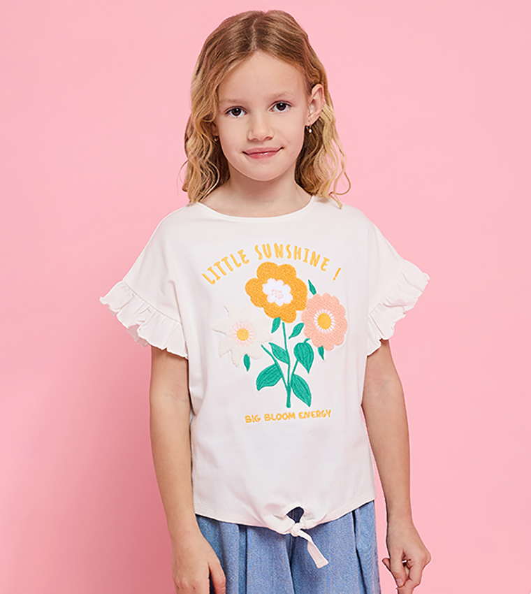 Printed Top with Crew Neck and Flutter Sleeves