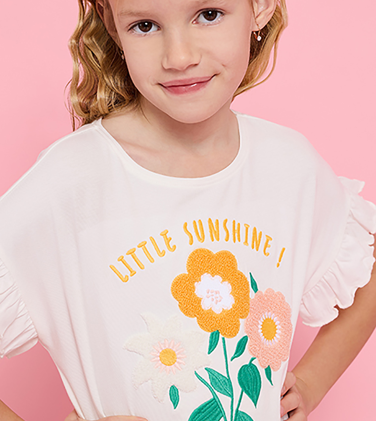 Printed Top with Crew Neck and Flutter Sleeves