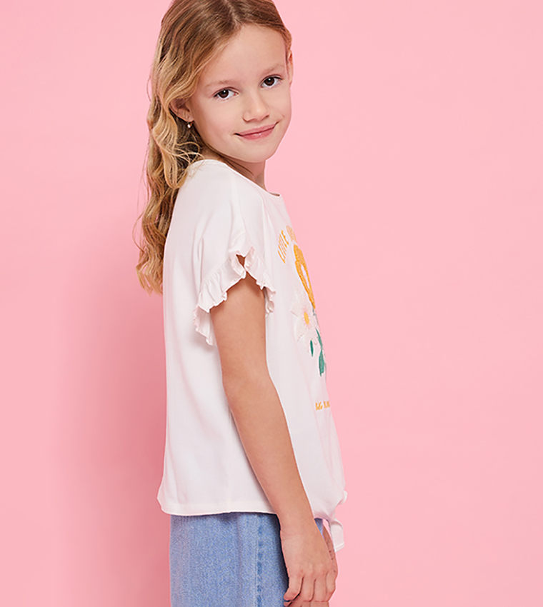 Printed Top with Crew Neck and Flutter Sleeves