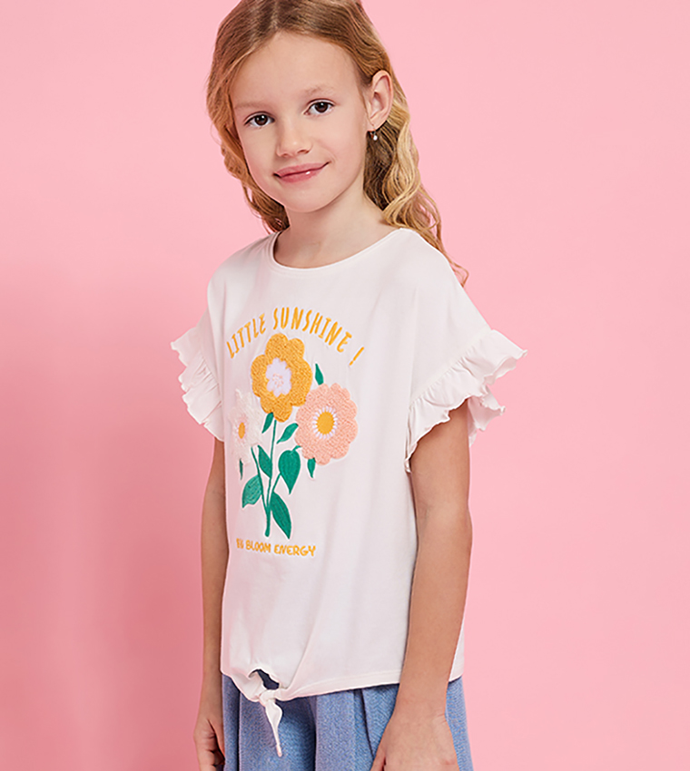 Printed Top with Crew Neck and Flutter Sleeves