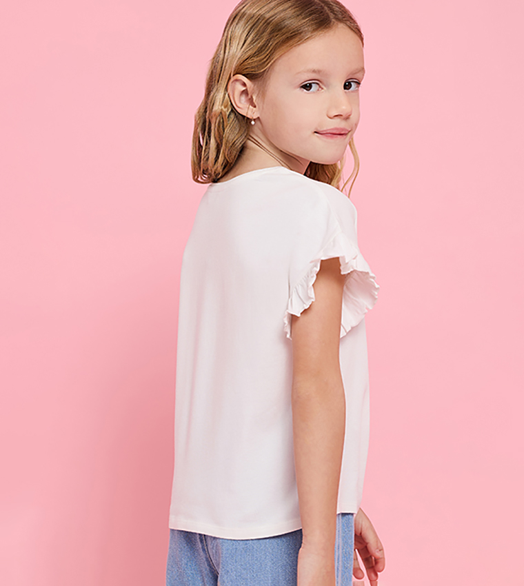 Printed Top with Crew Neck and Flutter Sleeves