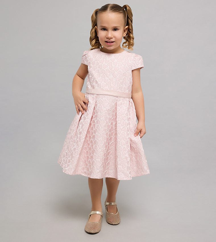 Self Patterned Fit & Flare Dress with Crew Neck and Puff Sleeves