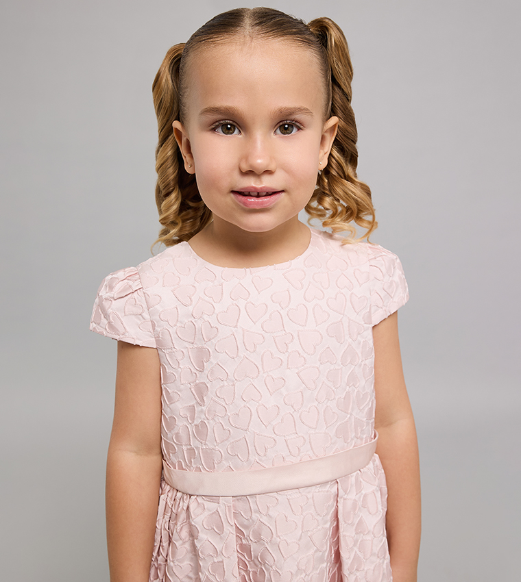 Self Patterned Fit & Flare Dress with Crew Neck and Puff Sleeves