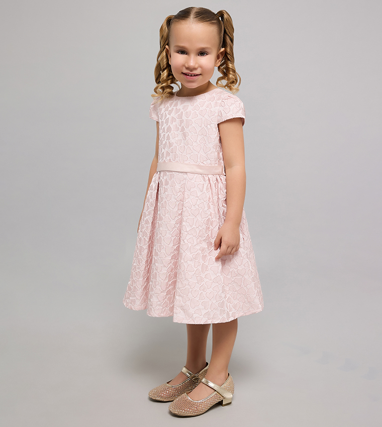 Self Patterned Fit & Flare Dress with Crew Neck and Puff Sleeves