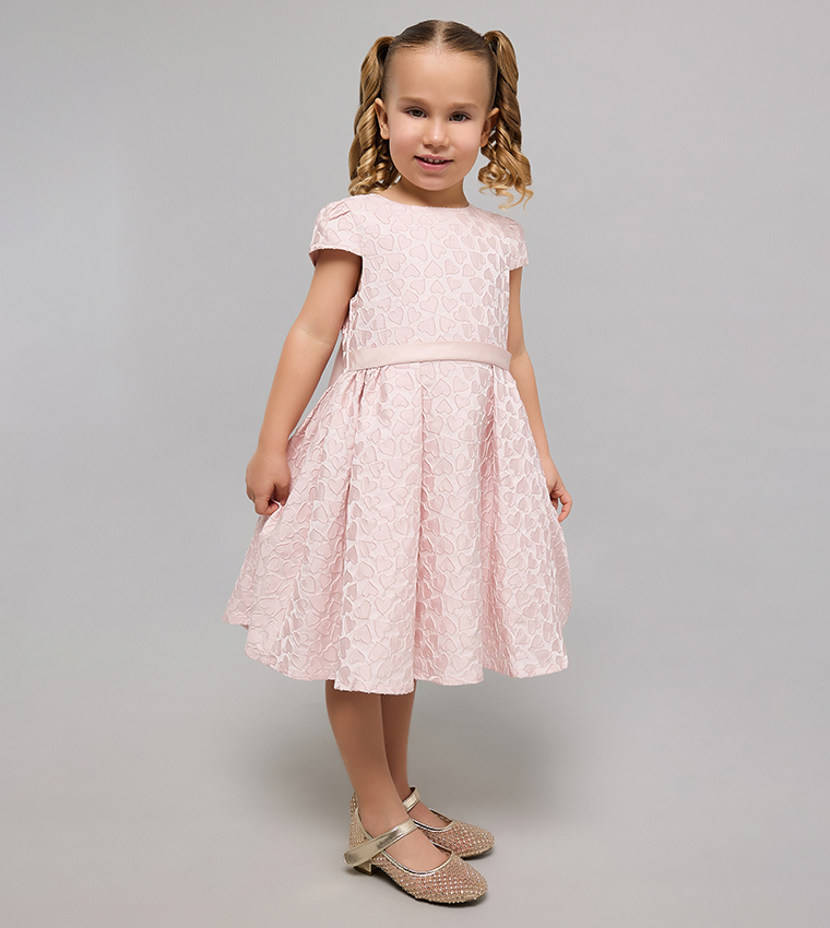 Self Patterned Fit & Flare Dress with Crew Neck and Puff Sleeves