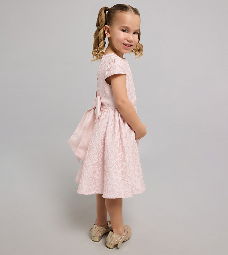 Self Patterned Fit & Flare Dress with Crew Neck and Puff Sleeves