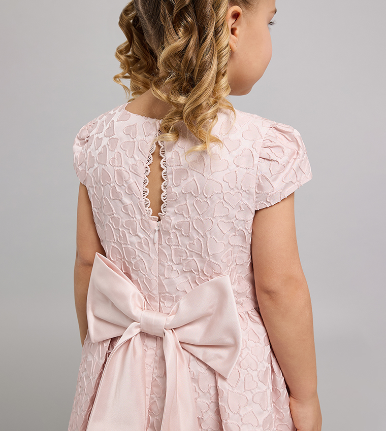 Self Patterned Fit & Flare Dress with Crew Neck and Puff Sleeves