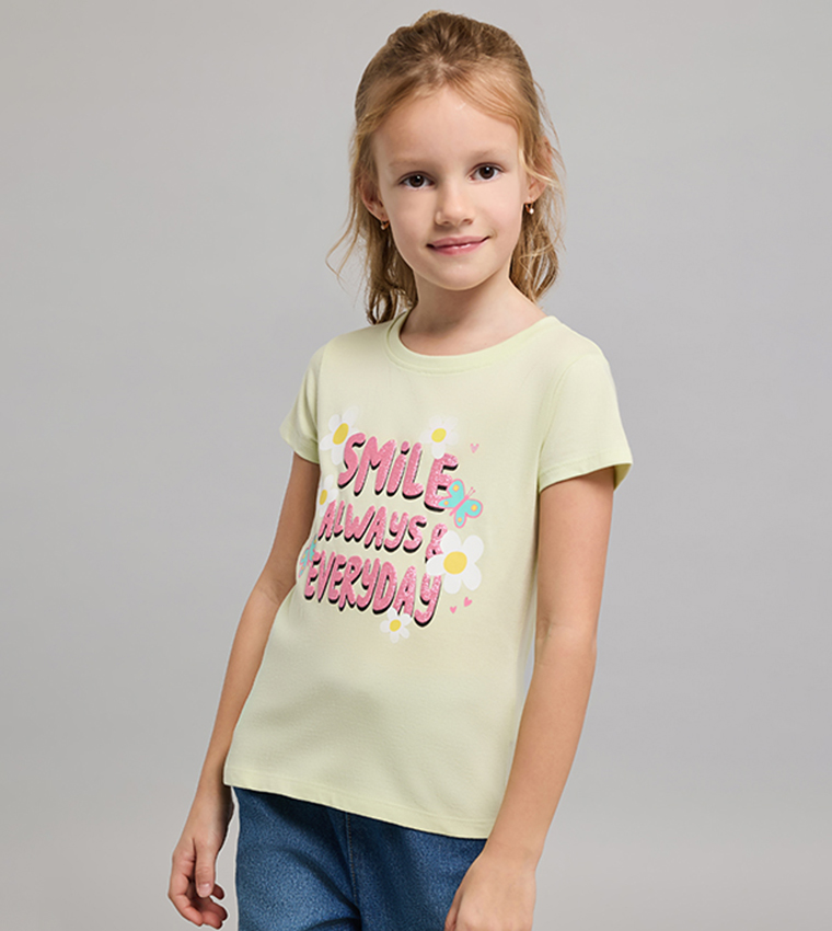 Typography Print T-Shirt with Crew Neck and Short Sleeves