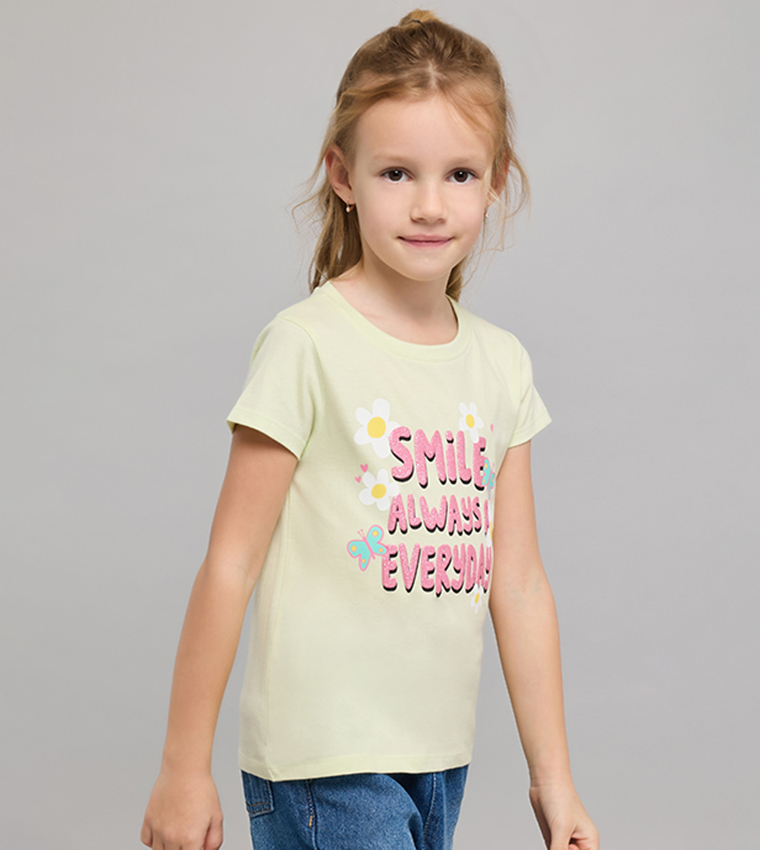 Typography Print T-Shirt with Crew Neck and Short Sleeves