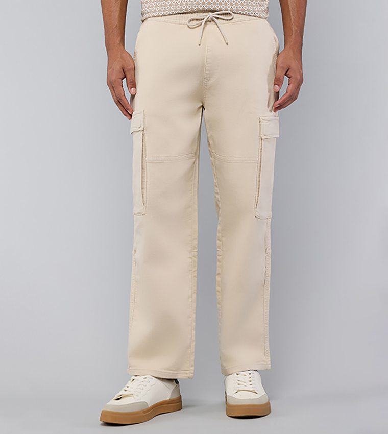 Solid Cargo Jeans with Drawstring Waist