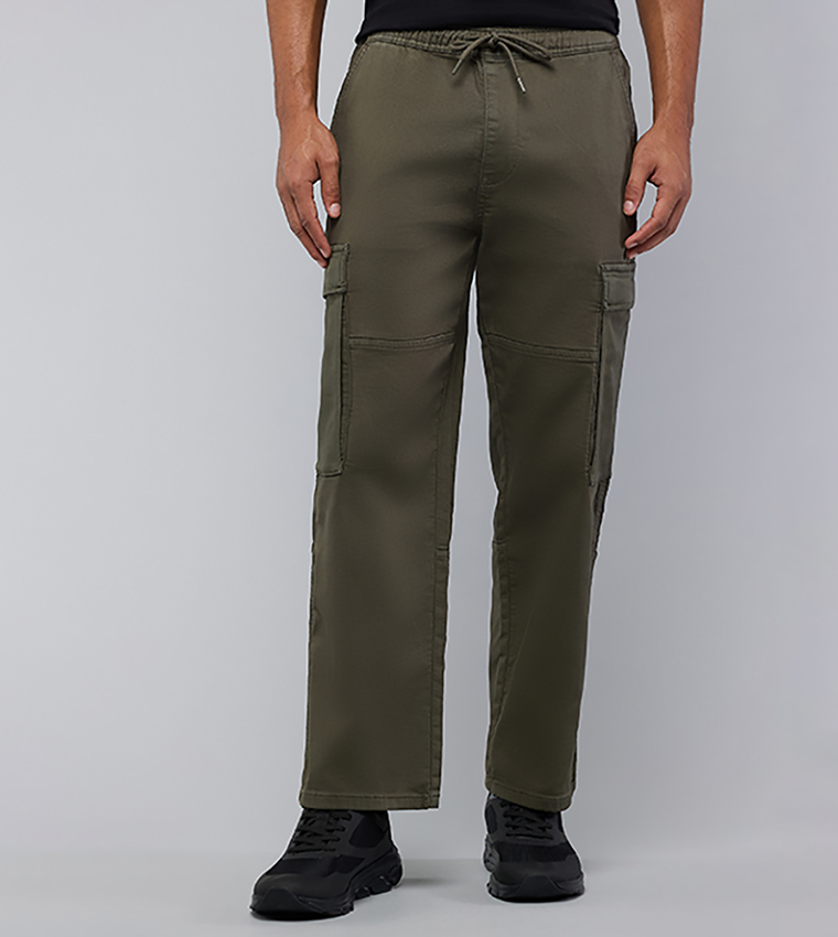 Solid Cargo Jeans with Drawstring Waist