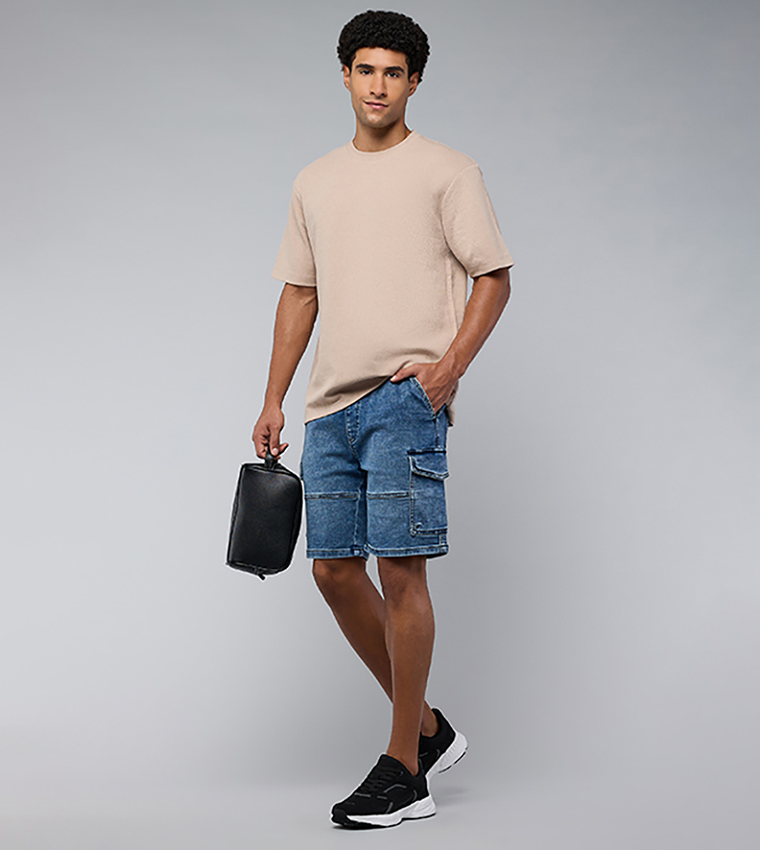 Washed Cargo Denim Shorts with Drawstring Waist