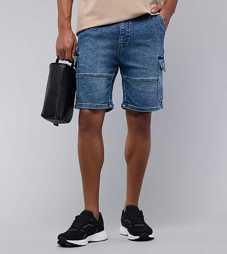 Washed Cargo Denim Shorts with Drawstring Waist