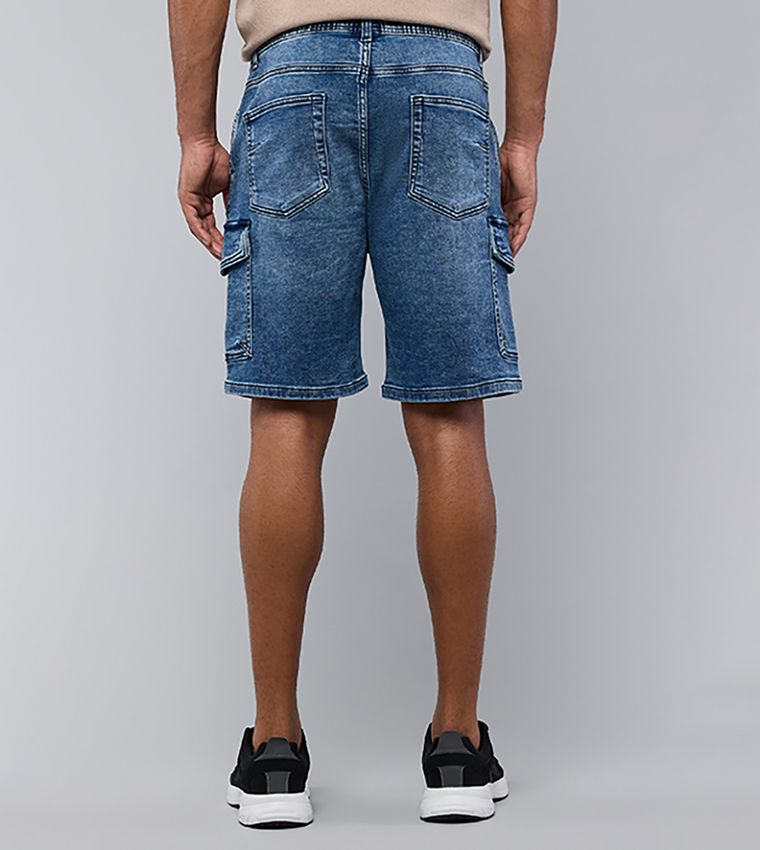 Washed Cargo Denim Shorts with Drawstring Waist