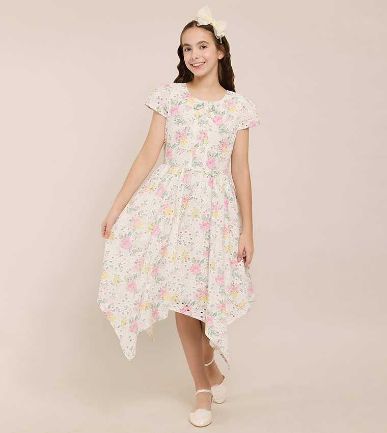 Floral Print Asymmetric Dress with Crew Neck and Short Sleeves