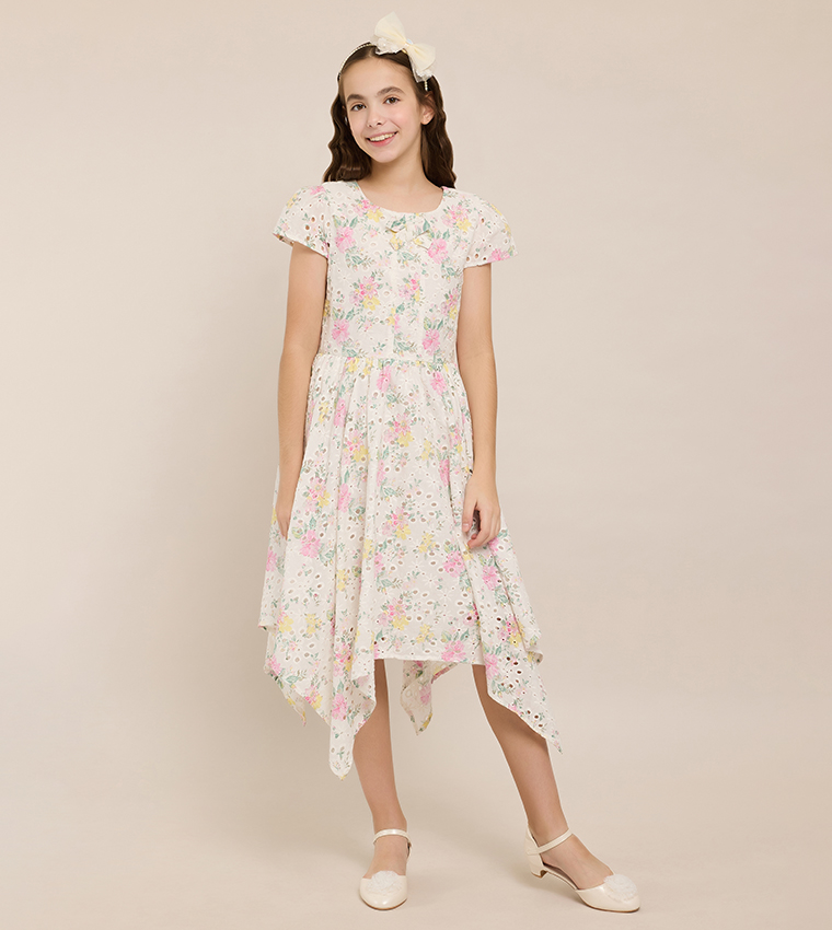 Floral Print Asymmetric Dress with Crew Neck and Short Sleeves